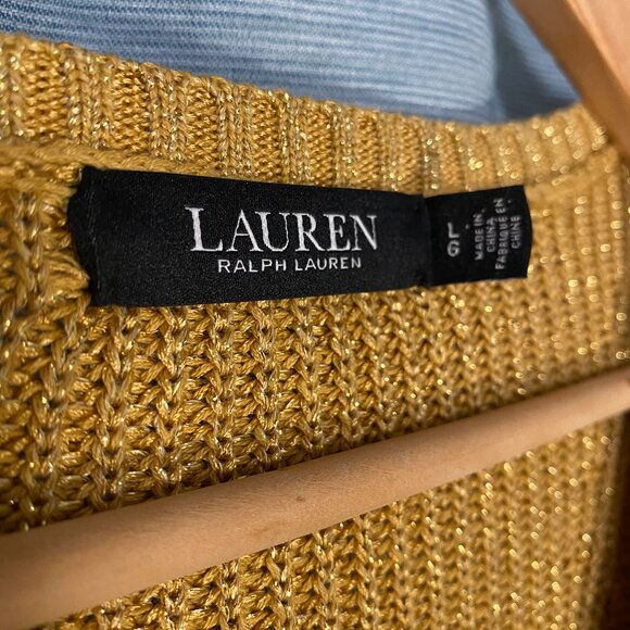 Gold Metallic Shimmer V Neck Cable Knit Sweater Cotton - Picture 2 of 5